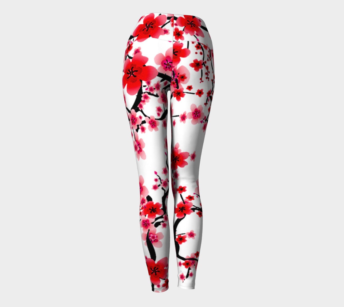Cherry Blossom YOGA LEGGINGS WOMENS Yoga Pants Printed Leggings Spring Leggings  Easter Leggings Gift for Mom Flower Leggings Red and White
