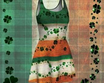 St Patricks Day DRESSES Shamrock IRISH FLAG Dress Womens Skater Dress Sexy Mini Dress Flare Dress Festival Fashion Party Dress Green Orange