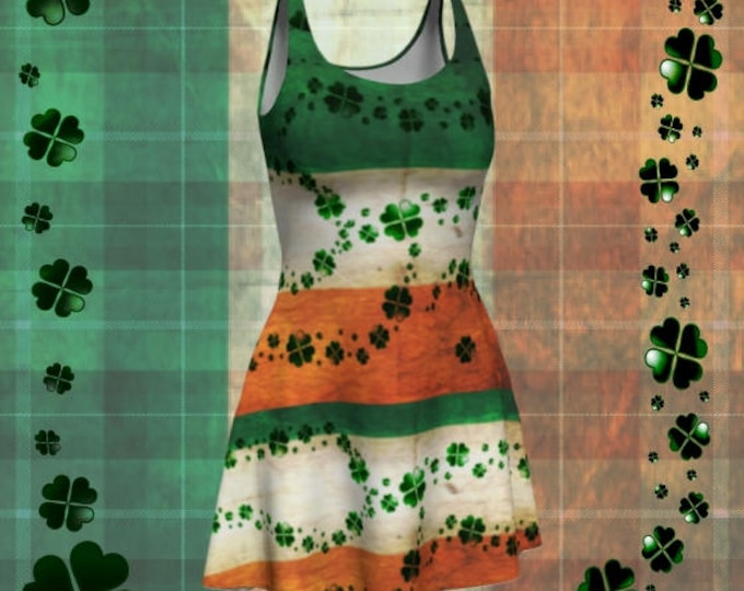 St Patricks Day DRESSES Shamrock IRISH FLAG Dress Womens Skater Dress Sexy Mini Dress Flare Dress Festival Fashion Party Dress Green Orange