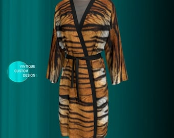 Tiger Print Kimono Robe: Silky Knit Long Peignoir