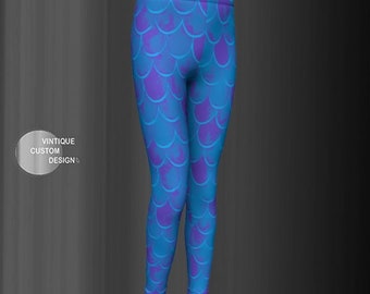Girls Mermaid Scale Leggings: Blue Fish Scale Print
