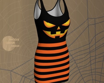 Jack O' Lantern Halloween Bodycon Dress: Orange & Black Striped Costume