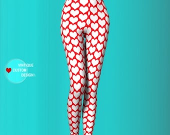 Red and White Heart Print Leggings: Valentine's Day Yoga Pants
