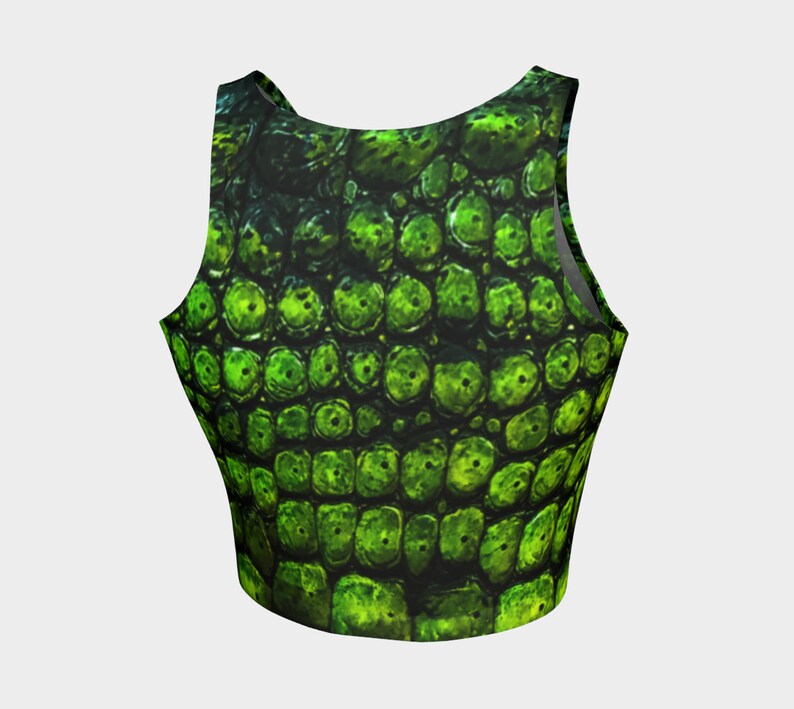 May include: Green crop top with a reptile skin pattern.