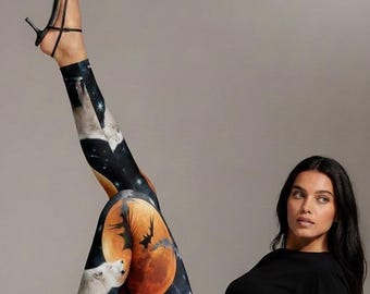 Leggings Dire Wolf: Estampado de galaxia con luna llena - Pantalones de yoga para mujer