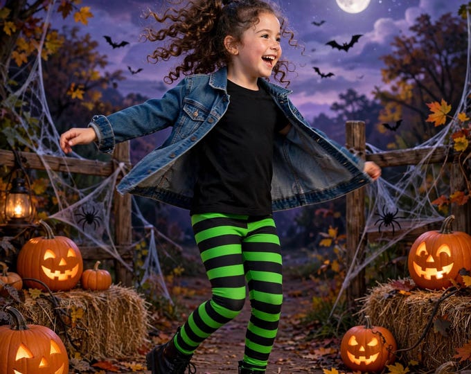 Girls Halloween Leggings: Green & Black Striped Witch Costume