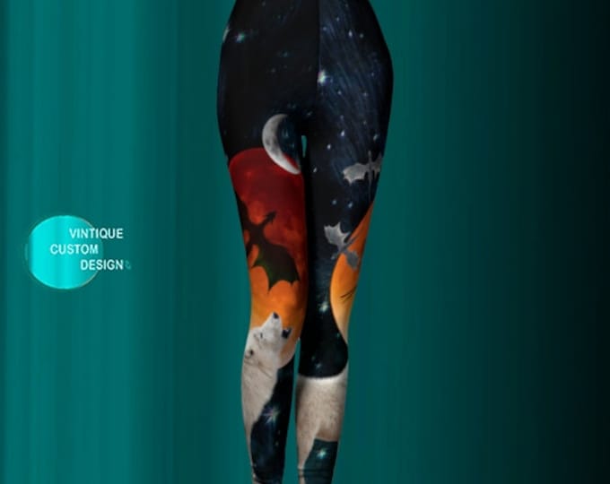 DIRE WOLF LEGGINGS - Womens Leggings - Full Moon - Galaxy Leggings - Dragon Leggings - Sci-Fi Clothing - Howling Wolf - Yoga Leggings