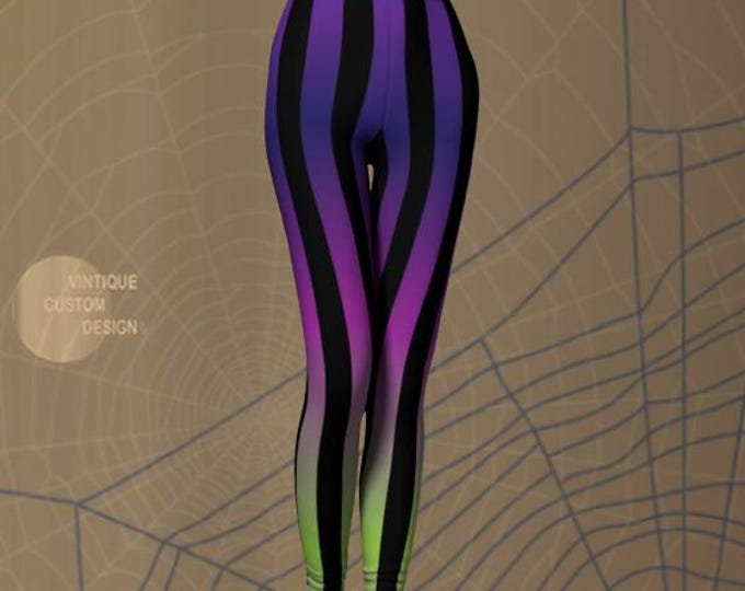 HALLOWEEN LEGGINGS Women's witchy halloween leggings purple green ombre fade color pattern with black vertical stripes halloween costume