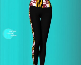 MARYLAND FLAG LEGGINGS Yoga Pants Womens Designer Yoga Leggings Maryland Yoga Pants Maryland Flag Print Leggings Black Leggings with Stripe