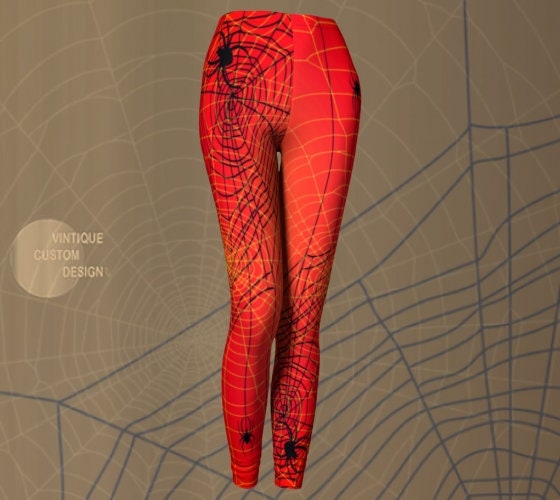 HALLOWEEN LEGGINGS Spider Web Leggings WOMENS Yoga Leggings for Halloween  Clothing Orange Black Spider Printed Leggings Gothic Art Leggings