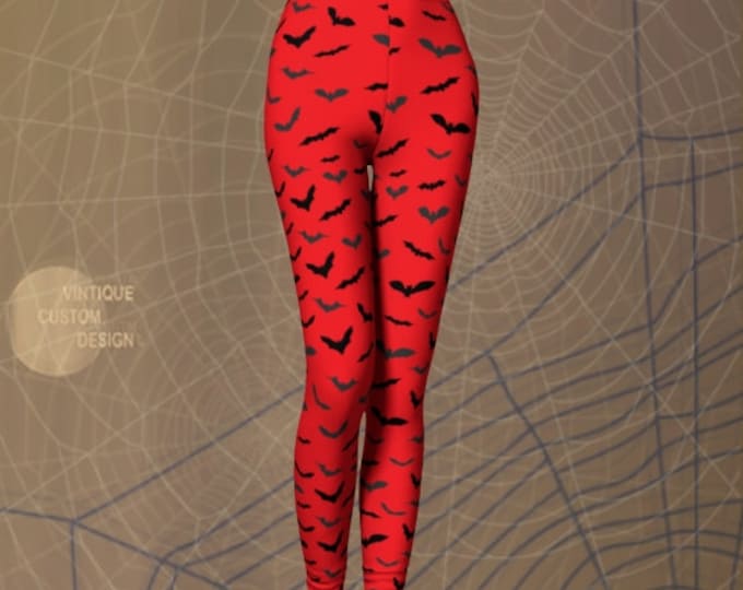 HALLOWEEN BAT LEGGINGS Womens Halloween Legging Yoga Leggings Yoga Pants Womens Red and Black Bat Print Leggings for Adults Costume Leggings