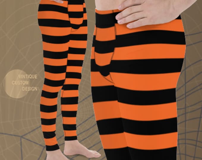 Mens Leggings Orange and Black WITCH Costume LEGGINGS MENS Halloween Leggings Striped Witch Leggings Mens Yoga Pants Meggings Yoga Leggings