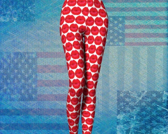 Kiss Me LIPS LEGGINGS Kiss Me Lips Red and White Sexy Print Leggings Sexy Yoga Pants Sexy Yoga Leggings Gifts for her Womens Sexy Leggings