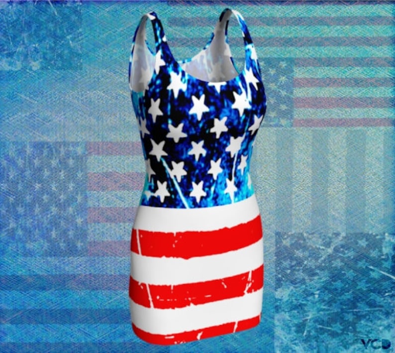 American Flag Dress BODYCON DRESS Women's Patriotic Red White and Blue