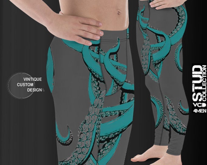 Cthulhu KRAKEN LEGGINGS MENS Octopus Leggings Yoga Pants for Men Meggings Yoga Leggings Mens Blue and Grey Squid Tentacle Leggings Printed