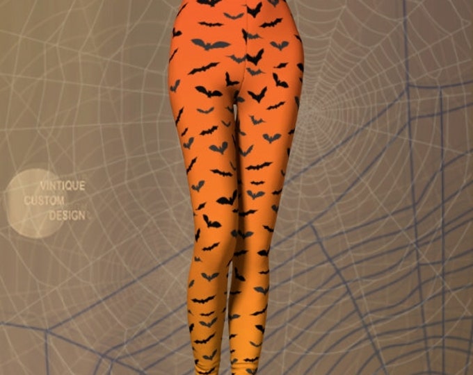 HALLOWEEN LEGGINGS Orange and Black Bat Print Witch Leggings Womens Halloween Leggings Yoga Leggings Halloween Tights Costume Leggings