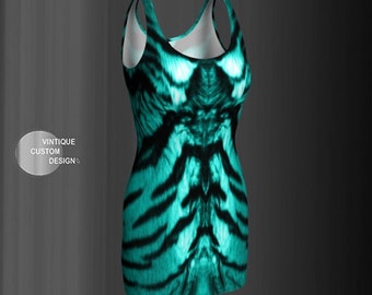 Teal Tiger Print Bodycon Dress: Rave Club Mini Dress