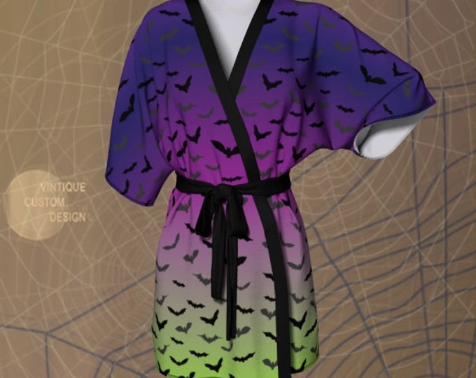 KIMONO ROBE Womens Kimono Robe for Halloween Bat Purple Green Print Robe Luxury Kimono Robe for Women Gift for Her Halloween Costume Robe