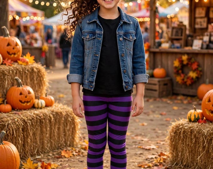 Kids Halloween Leggings: Purple and Black Witch Costume