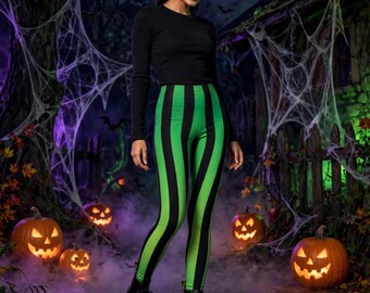HALLOWEEN LEGGINGS Women's witchy halloween leggings green ombre fade color pattern with black vertical stripes halloween costume