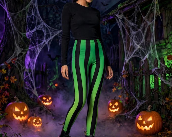 HALLOWEEN LEGGINGS Women's witchy halloween leggings green ombre fade color pattern with black vertical stripes halloween costume