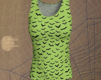 HALLOWEEN BATS TOP Tank Top Womens Tank Top for Halloween Tank Top Yellow Green Bat Print Shirt Bat Top for Women Tank Tops Yoga Tank Top