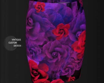 ROSE Print FLORAL SKIRT Purple and Red Roses Purple Flowers Womens Skirts Rose Skirt for Women Floral Skirt Red Rose Skirt Purple Rose Skirt