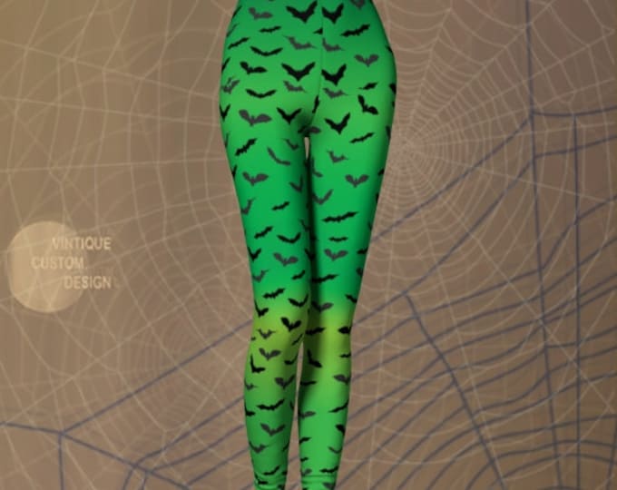 GREEN WITCH LEGGINGS Neon Green Bat Print Witch Leggings Womens Halloween Leggings Yoga Leggings Halloween Green and Black Tights Costume