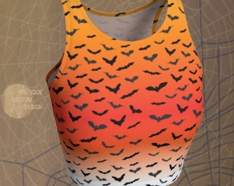 HALLOWEEN BAT Crop Top WOMENS Orange Ombre Print Cropped Top for Halloween Yoga Top Sexy Workout Top Work Out Clothing Bat Crop Top Womens