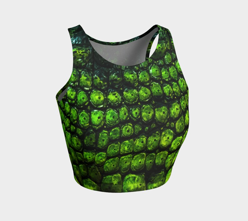 May include: Green crop top with a reptile skin pattern.