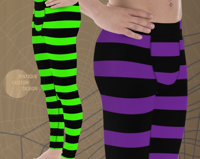 WITCH LEGGINGS MENS Halloween Leggings Striped Witch Leggings Purple and Black or Green and Black Mens Yoga Pants Meggings Yoga Leggings