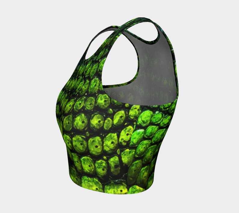 May include: Green and black crop top with a scaly pattern.