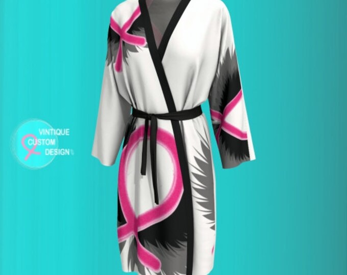 Womens Kimono Robe for Breast Cancer Awareness Pink Ribbon KIMONO PEIGNOIR ROBE Support Gift Survivor Pink and Black Love and Light Robe
