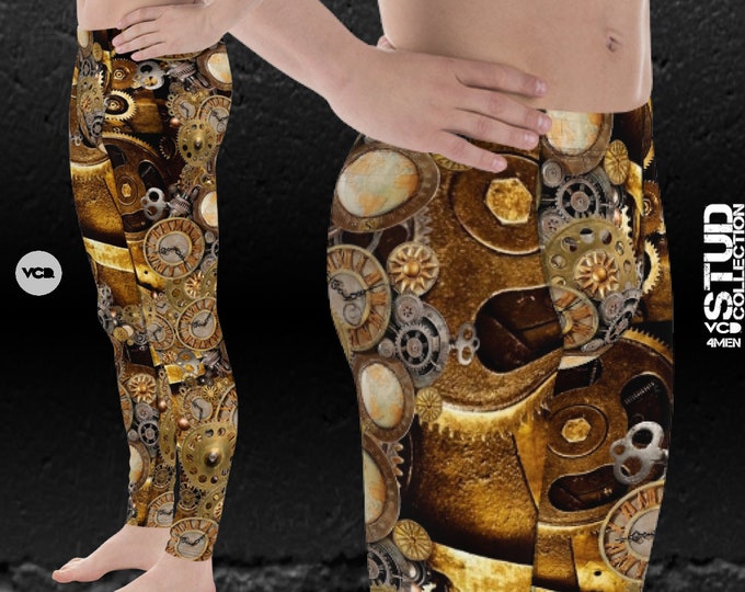 MENS STEAMPUNK LEGGINGS Futuristic Clothing Mens Steampunk Clothing Steampunk Clocks and Gears Printed Leggings for Men Yoga Pants Meggings