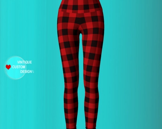 Red and Black BUFFALO Check PLAID LEGGINGS Yoga Leggings Buffalo Check Plaid Yoga Pants Womens Red Buffalo Plaid Leggings Printed Leggings