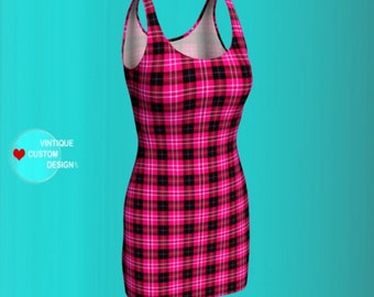 Pink Tartan Plaid Bodycon Dress: Eco-Friendly Flare Dress