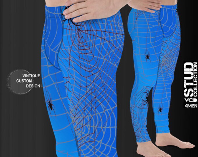 MEGGINGS Mens Leggings Blue Spiderweb Spider Web Printed Leggings Yoga PANTS for MEN Yoga Leggings Mens Blue and Black Spider Print Joggers