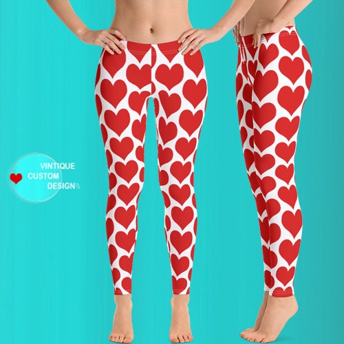 Red and White Leggings Women's HEART LEGGINGS Independence Day