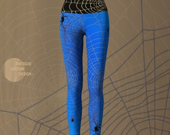 Spiderweb Leggings: Blue & Black Halloween Costume, Cosplay Pants