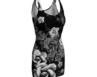 Black & White Floral Rose Print Bodycon Mini Dress