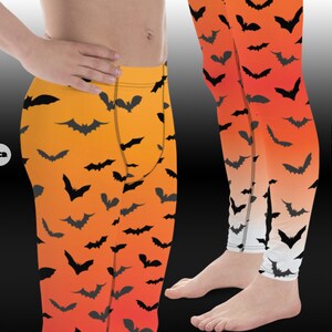 Mens Halloween Leggings BAT LEGGINGS MENS Halloween Bat Print Leggings Meggings Mens Yoga Pants Halloween Leggings for Men Orange Black