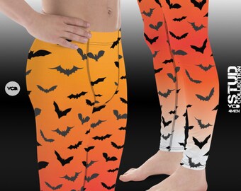 Mens Halloween Leggings BAT LEGGINGS MENS Halloween Bat Print Leggings Meggings Mens Yoga Pants Halloween Leggings for Men Orange Black