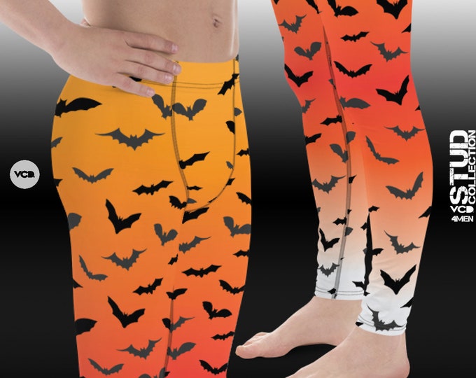 Mens Halloween Leggings BAT LEGGINGS MENS Halloween Bat Print Leggings Meggings Mens Yoga Pants Halloween Leggings for Men Orange Black