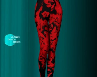 Red Rose LEGGINGS Womens Rose Leggings Yoga Pants Yoga Leggings FLORAL Leggings Flower Leggings RED and Black Printed Leggings Womens Tights