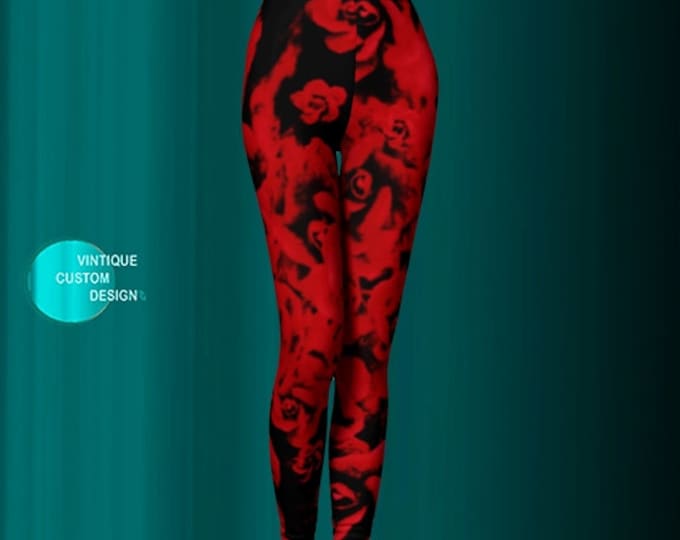 Red Rose LEGGINGS Womens Rose Leggings Yoga Pants Yoga Leggings FLORAL Leggings Flower Leggings RED and Black Printed Leggings Womens Tights