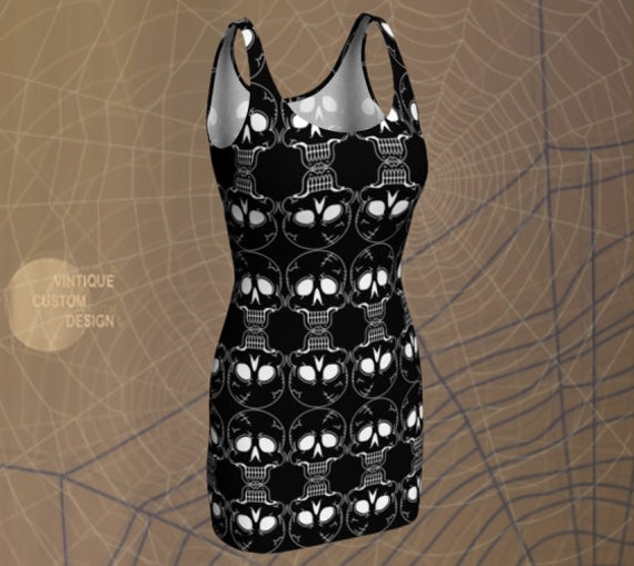 Skull Halloween Dress: Black & White Skeleton Bodycon or Flare