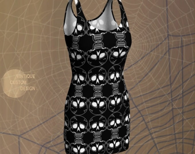 SKULL Dress HALLOWEEN DRESS Skeleton Dress Black and White Bodycon Dress Womens Halloween Costume Dress Flare Dress or Body-con Dress
