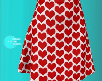 VALENTINES DAY SKIRT Heart Print Skirt for Women Hight Waisted Skirt Women's Red & White Heart Skirt Designer Fashion Skirt Fit or Flare