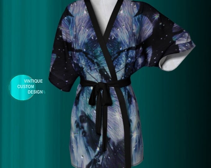 KIMONO ROBE Women's Long Peignoir Kimono Robe Cosmic Galaxy Print GOT Game of Thrones Inspired Designer Kimono Robe Purple and Black Dragon