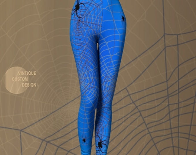 COBWEB LEGGINGS HALLOWEEN Womens Art Leggings Printed Leggings Spiderweb Print Costume Leggings for Her Blue and Grey Spider Web Leggings